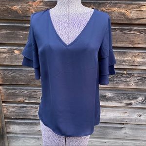 Skies Are Blue Navy V Neck Blouse with Ruffles